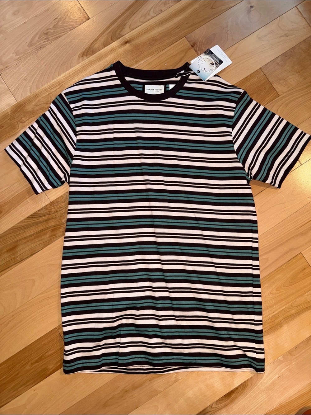 Denim & Flower Black, White & Teal Striped Crewneck Tee